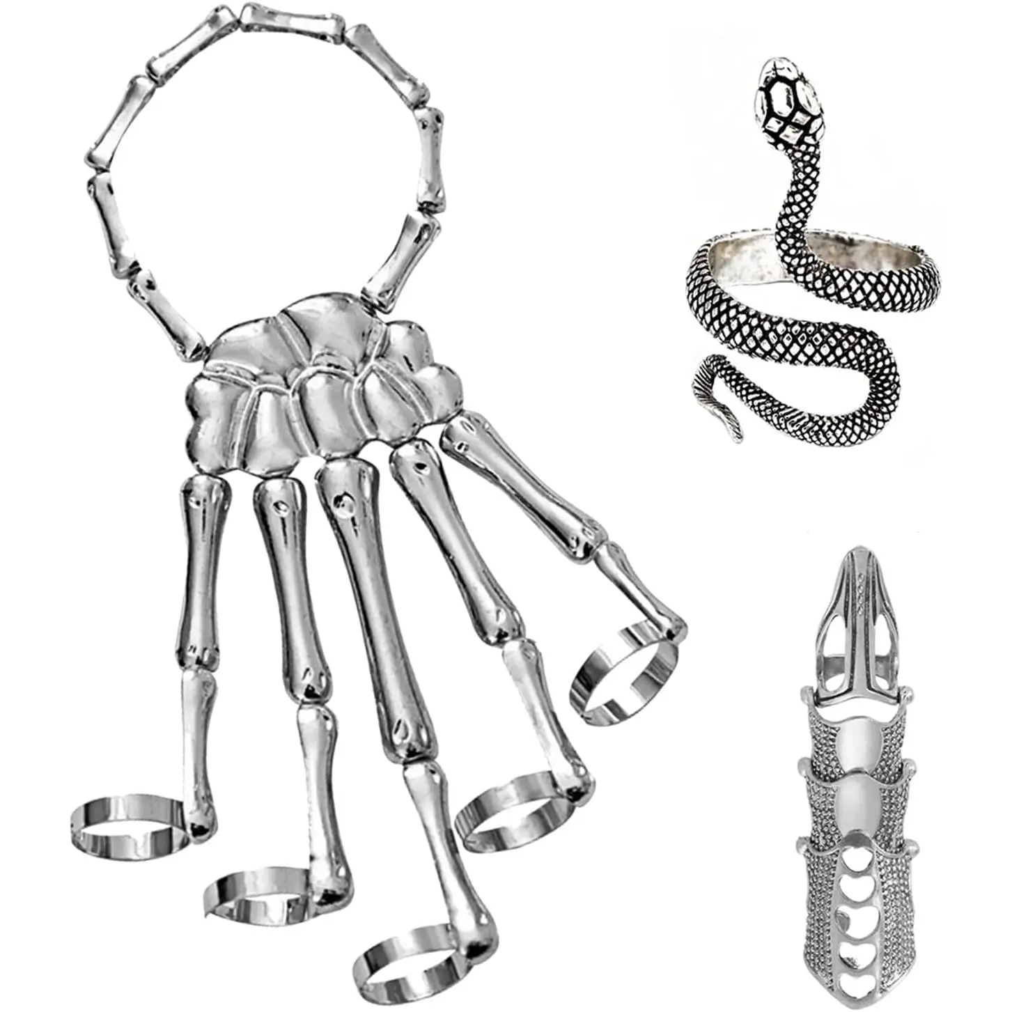 Skeleton Hand Bracelet Halloween Jewelry Decoration Skull Skeleton Hands with Snake Full Finger Rings for Women Men Punk Goth Bracelets Rings Jewelry Halloween Cosplay earrings for men friendshipbracelets bracelet stack