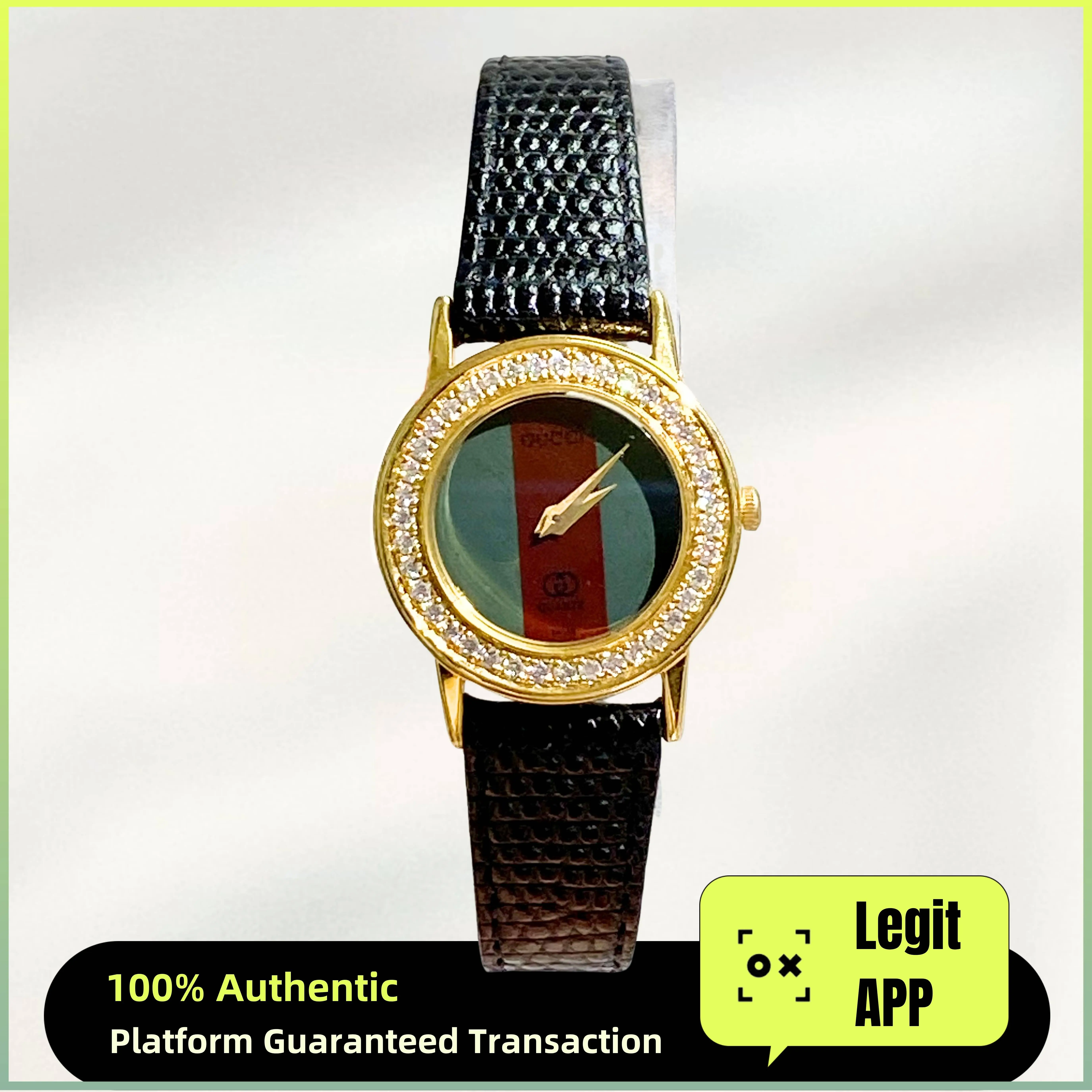 Gucci Vintage 25mm Quartz - Red/Green Dial, Leather Strap & Two-Tone Diamond-Set Caseback Ladies Watch 21015055