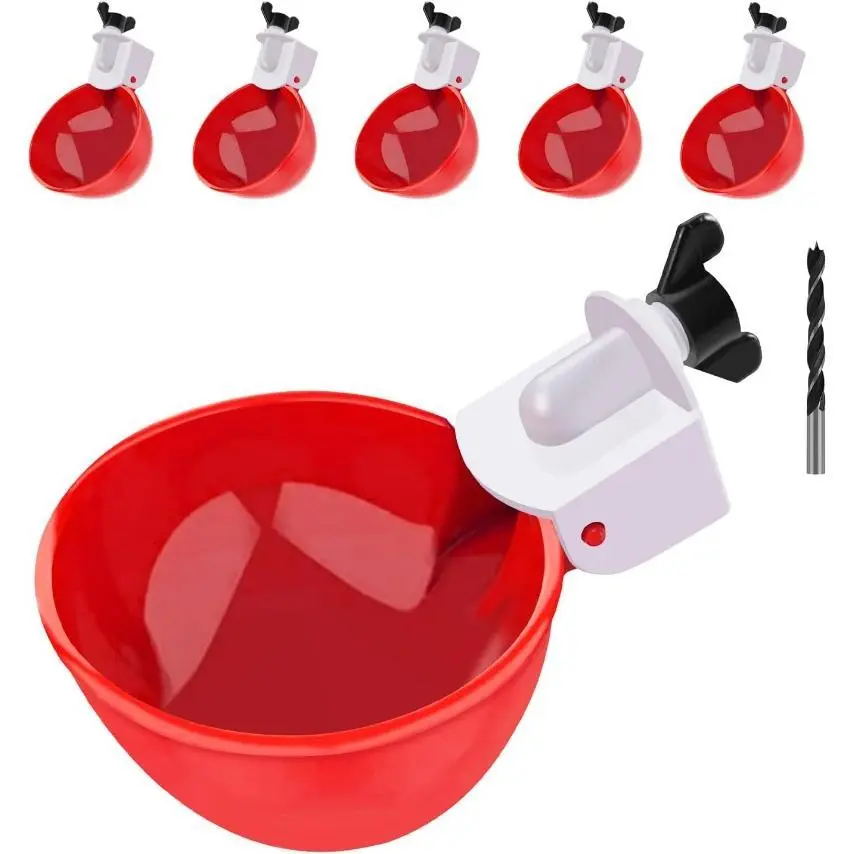 Chicken Waterer Cups 6 Packs Large Automatic Water Cups with Fitting for Poultry, Duck, Goose, Turkey with Mounting Hole Opener DIY Feeder Kit - Bowl and Waterer Set