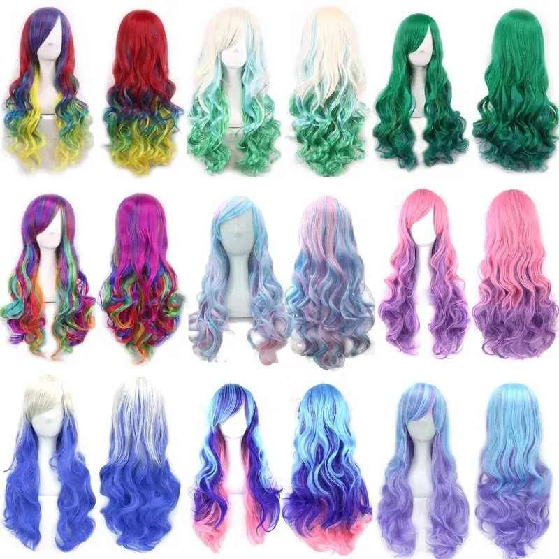 2026 New  Synthetic Hair  Rainbow Cosplay Wig with Bangs Red Yellow Purple Green Blue Wigs for Black Women
