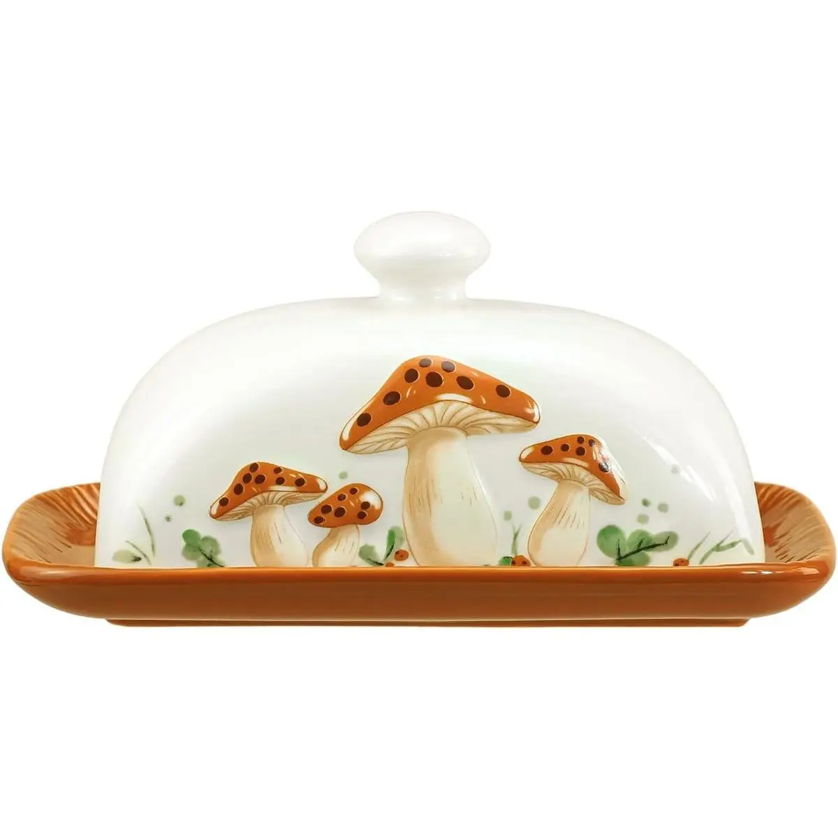 Ceramic Mushroom Pattern Butter Crock Keeper with Cover (Lid), Top Little Knob, Dishwasher-Safe Dishwasher Safe Tableware for Family Everyday Kitchen Countertop Serving Use