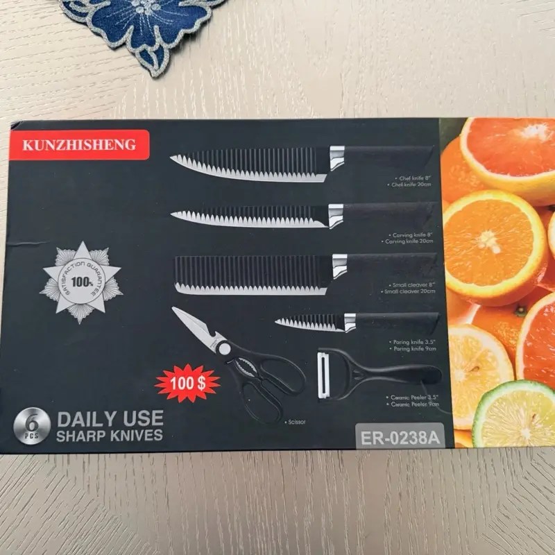 Brand New KUNZHISHENG 6-Piece Kitchen Knife Set – Chef, Carving, Cleaver, Paring Knife, Scissors & Ceramic Peeler