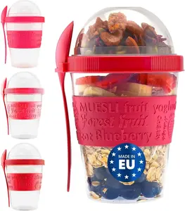 Tribello 20 OZ Overnight Oats Container With Lid & Spoon - Set of 4 Parfait Cup with Compartments for Topping Cereal Or Oatmeal - Red