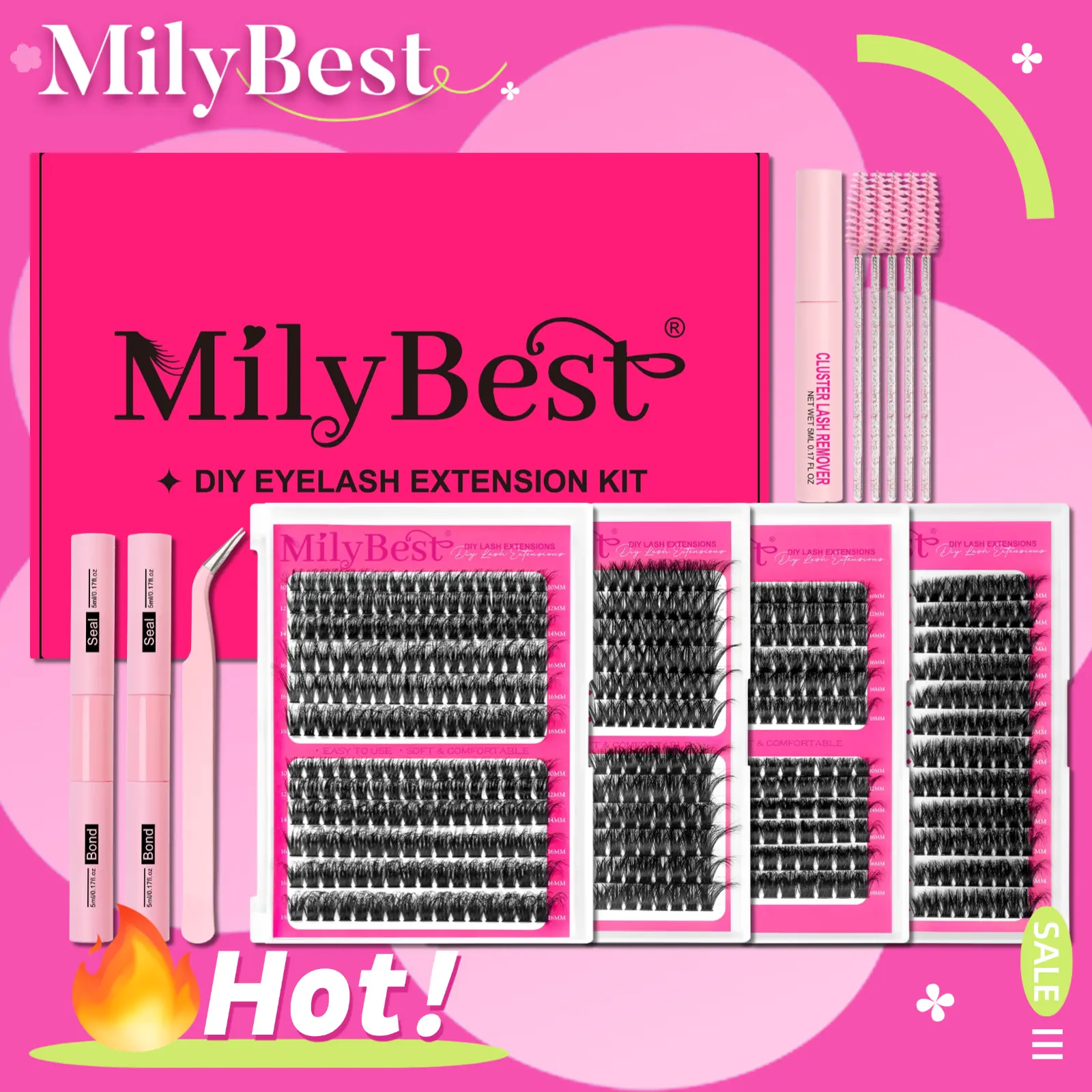 MilyBest 4 Styles Lash Clusters Kit,1 Set Mixed Length Individval Eyelash Extensions Kit,Self Grafting False Eyelashes with Tweezers&Glue&Remover,Prefessional Eye Makeup Accessories for Women