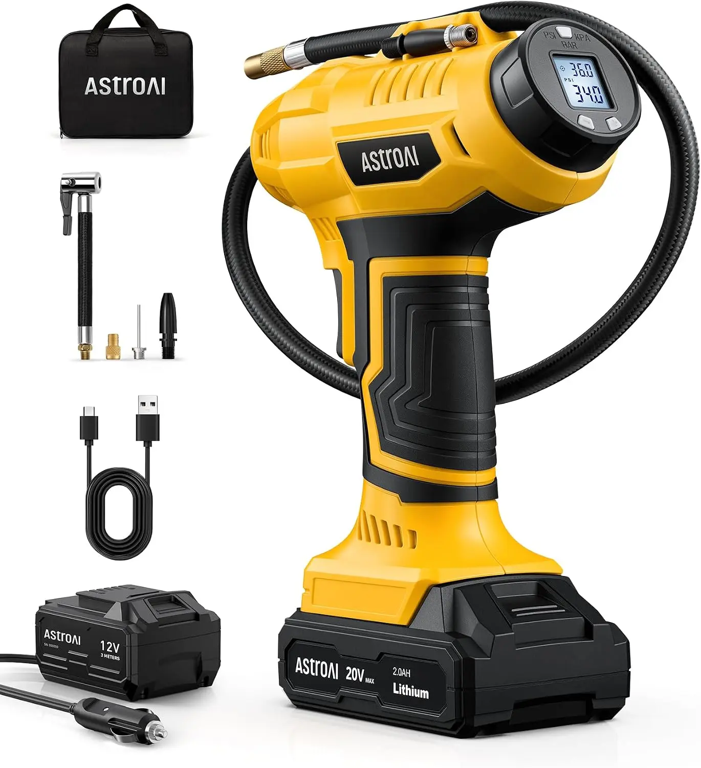 AstroAI Cordless Tire Inflator Portable Air Compressor Fast Inflation 160 PSI Air Pump 20V Rechargeable Battery Powered with 12V DC Adapter Digital Pressure Gauge for Cars Motorcycles Bikes Yellow