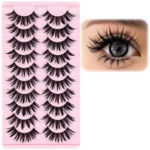 False Eyelashes 10 Pairs Manga Lashes Stirps Japanese Style Anime Lashes Thick Cosplay Lashes Goth Look Spiky 3D Wispy Faux Mink Lashes Full Strip Doll Lashes