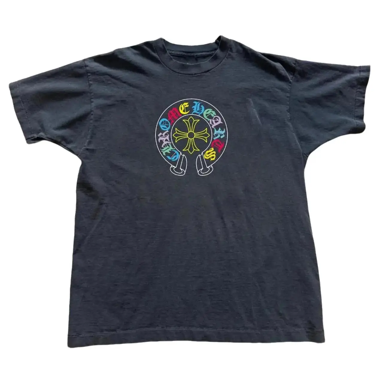 Gothic Cross T-Shirt, Rainbow Horseshoe Graphic Tee, Y2K Grunge Streetwear Shirt, Dark Alternative Tee