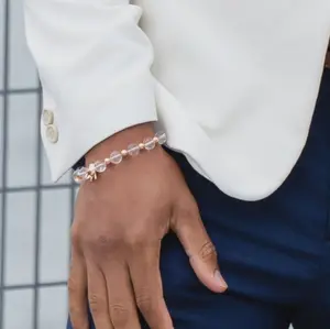 Men's Clear Quartz Beaded Stretch Bracelet with Rose Gold Spacers and Crown - Crystal Clear