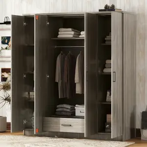 Wood Wardrobe with 4-Door, 1 Drawer and Storage Shelves