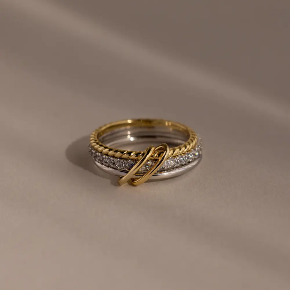 Pave Mixed Metal Linked Ring Set by Caitlyn Minimalist - Triple Gold & Silver Interlocking Rings - Diamond Stacking Ring Set - Everyday Jewelry - Gift for Friend