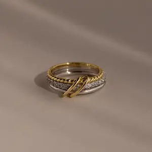 Pave Mixed Metal Linked Ring Set by Caitlyn Minimalist - Triple Gold & Silver Interlocking Rings - Diamond Stacking Ring Set - Everyday Jewelry - Gift for Friend