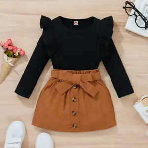 Kids Girls Skirt Set Long Sleeve Crew Neck Tops with Elastic Waist Skirt Casual Daily Outfit