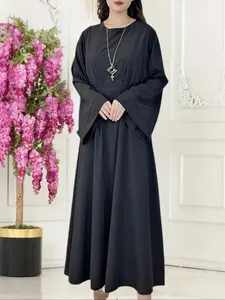 Elegant Women's Round Neck Long Sleeve Solid Color Modesty Abaya Dress, Casual Loose-Fit Woven Fabric, All Seasons Fashionable