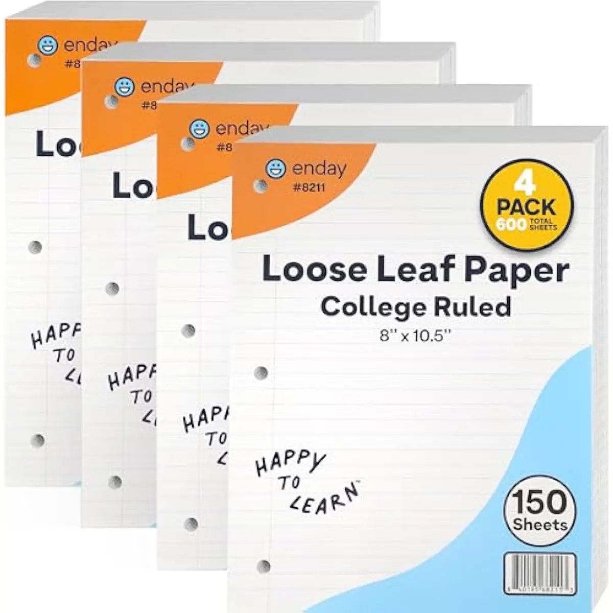 Loose Leaf Paper College Ruled Notebook Paper, 8" x 10.5" Filler Paper White, 3 Hole Punched Binder Paper for 3 Ring Binders, Lined Paper 150 Sheets Per Pack (4 Pack) - By Enday