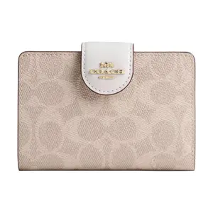 COACH Corner Zip Signature 13 Logo Snap Wallet in Coated Canvas for Women, Sand and Chalk