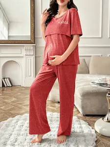 Women's Four Seasons Maternity Pregnant Casual Elegant Young Home Comfort Nursing Short Sleeve Long Pants Two-Piece Set