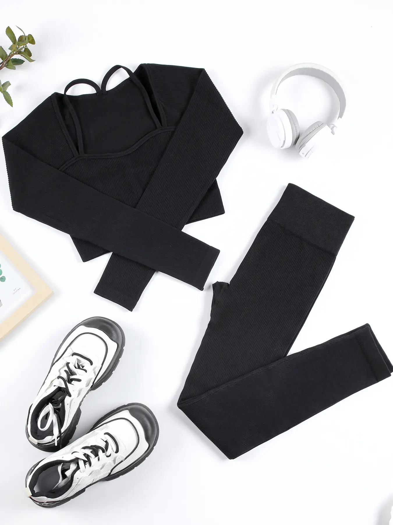 Women's Slim Fit Short Top and High Waist Butt Lifting Tummy Control Pants Set, Casual Long Sleeve for Daily Wear