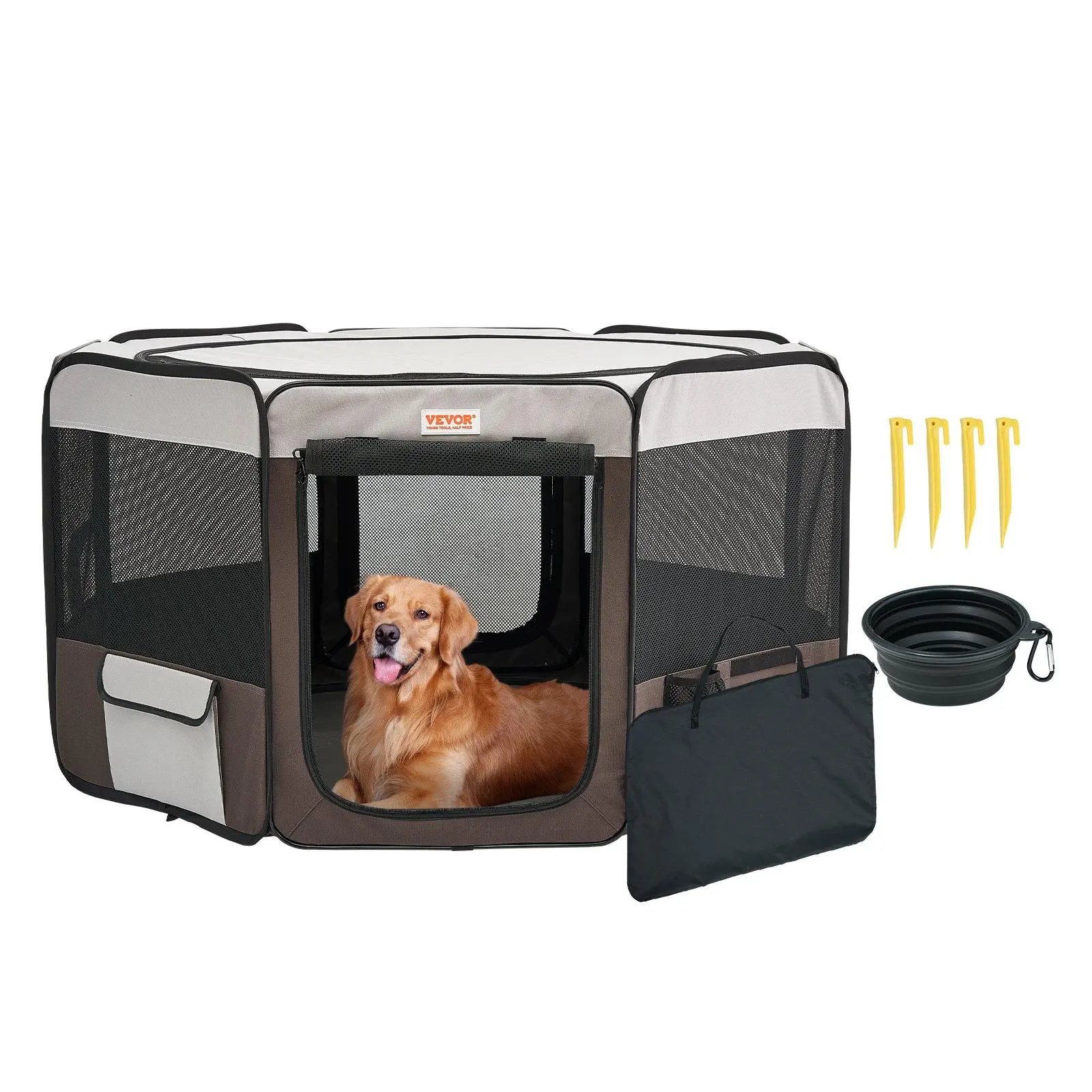 VEVOR 46in Portable Foldable Pet Playpen, Breathable Mesh Dog Crate Kennel with 360° Ventilation, 600D Oxford Fabric, Double-Stitched Waterproof, Top+Bottom Zip Clean, Convenient Storage for Puppies, Travel Use
