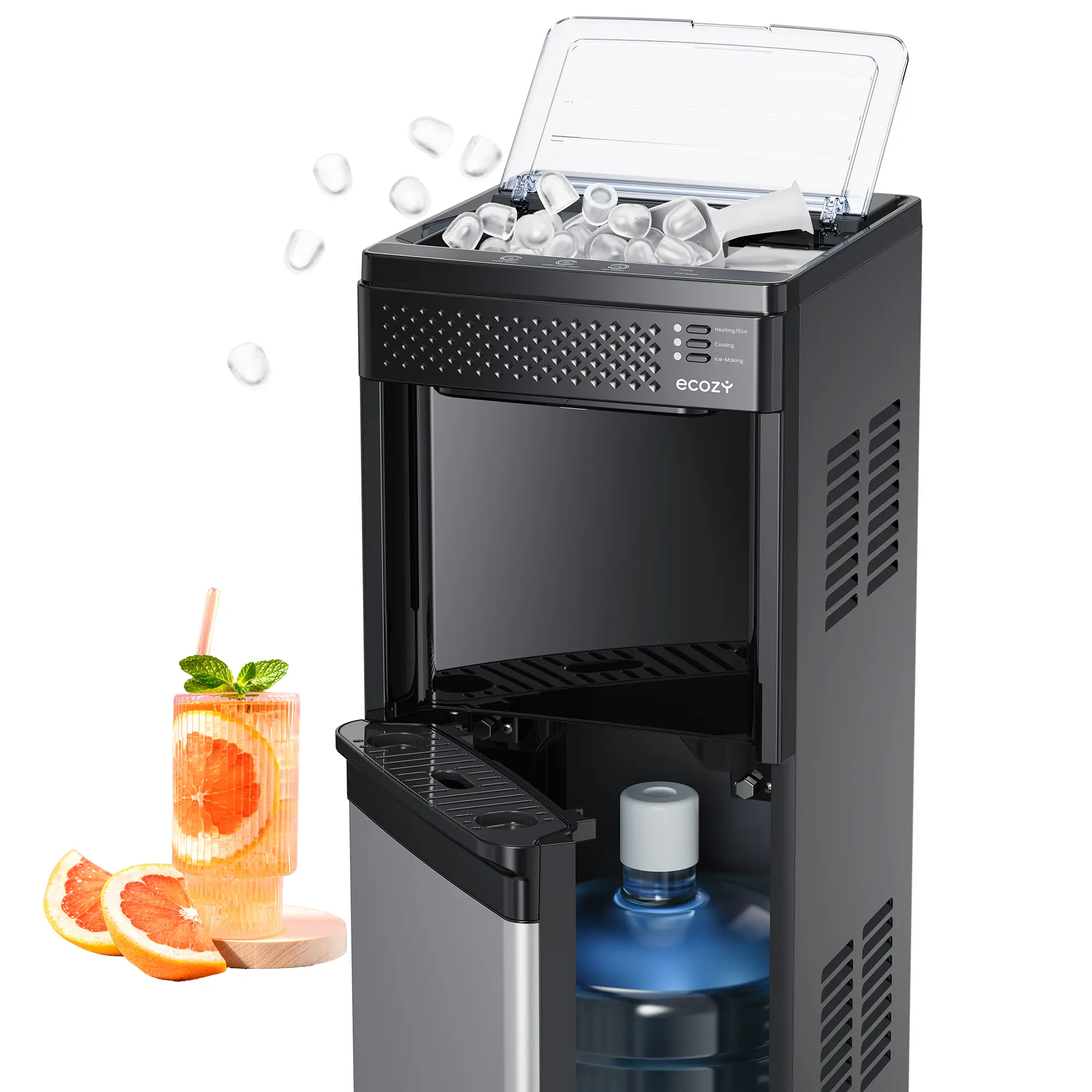 ecozy 4-in-1 Bottom-Loading Water Dispenser with Ice Maker, ECO Mode | Hot & Cold Water Cooler, 33 lbs/Day, Child Lock, Night Light, Fits 3 & 5 Gallon Bottles for Home, Office - Stainless Steel