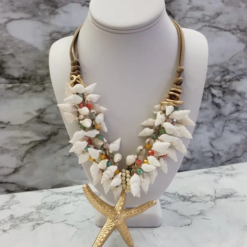 Sandra A Bib-Style Shell Necklace with Small White Conch Shell Accents Colorful Seed Beads & Prominent Starfish Pendant