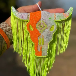 Neon Green and Orange Glitter Bull Car Freshie with Vibrant Fringe and Unique Design