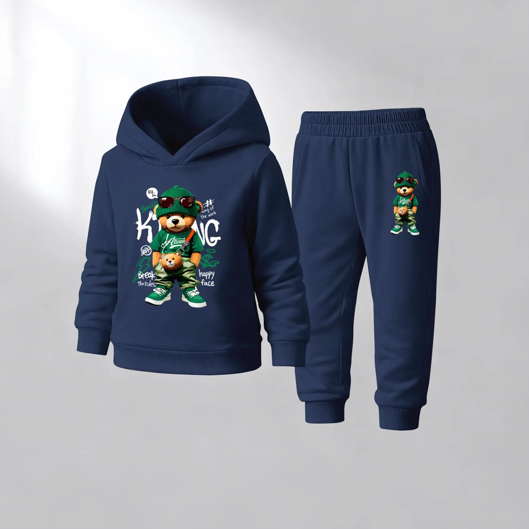 Unisex Kids Bear-Themed Hooded Tracksuit, Long Sleeve Two-Piece Set with Fleece Hoodie, Pockets, and Drawstring Track Pants, Casual Autumn and Winter Streetwear for Boys and Girls