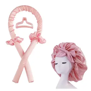 Heatless Hair Curler With Satin Bonnet Sleeping Cap Set, Overnight Curl Kit To Sleep In,  Heatless Curls Headband No Heat Curls Rod and Satin Night Sleep Hair Cap Styling Tools For Women Curly