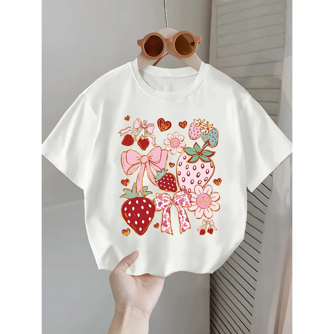 Womens Cute Strawberry Graphic Tee Cotton Short Sleeve Crewneck T Shirt Vintage Sweet Fruit Bow And Flower Print Casual Summer Top For Everyday Wear