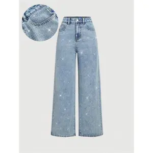 Elegant women’s high-waisted wide-leg jeans embellished with rhinestones, all-season fitted woven fabric fashion pants GARMENTARY