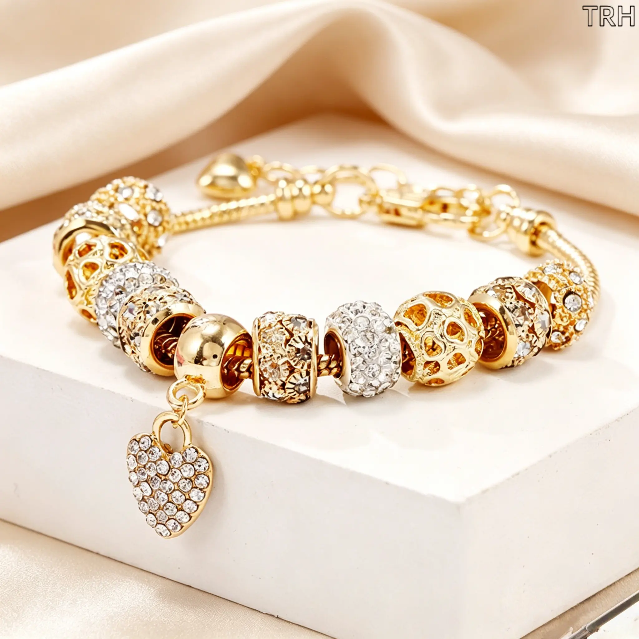 Gold Plated Charm Bracelets for Women, Sparkling Rhinestone Heart Pendant Bangle, Adjustable & Customizable Jewelry on Hypoallergenic Metal Base, Ideal For Everyday Wear