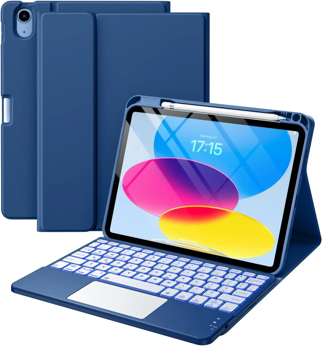 for iPad A16 11th/10th Generation Case with Keyboard, Folio Cover | Multi-Touch Trackpad, 7 Colors Backlit, Detachable Keyboard for iPad A16 11 inch/10th Gen with Pencil Holder, Navy Blue