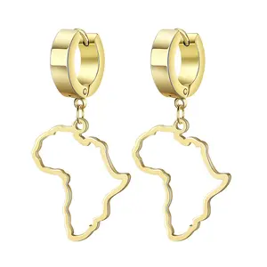 OIDEA Women's Gold Statement Earrings - Unisex African Outline Map Silhouette Drop Pendant, Non Tarnish Stainless Steel, Large Hypoallergenic Lightweight Drop Huggie Hoops for Travel Lovers, Contemporary Ethnic Design, Non Tarnish Earrings,summerwins
