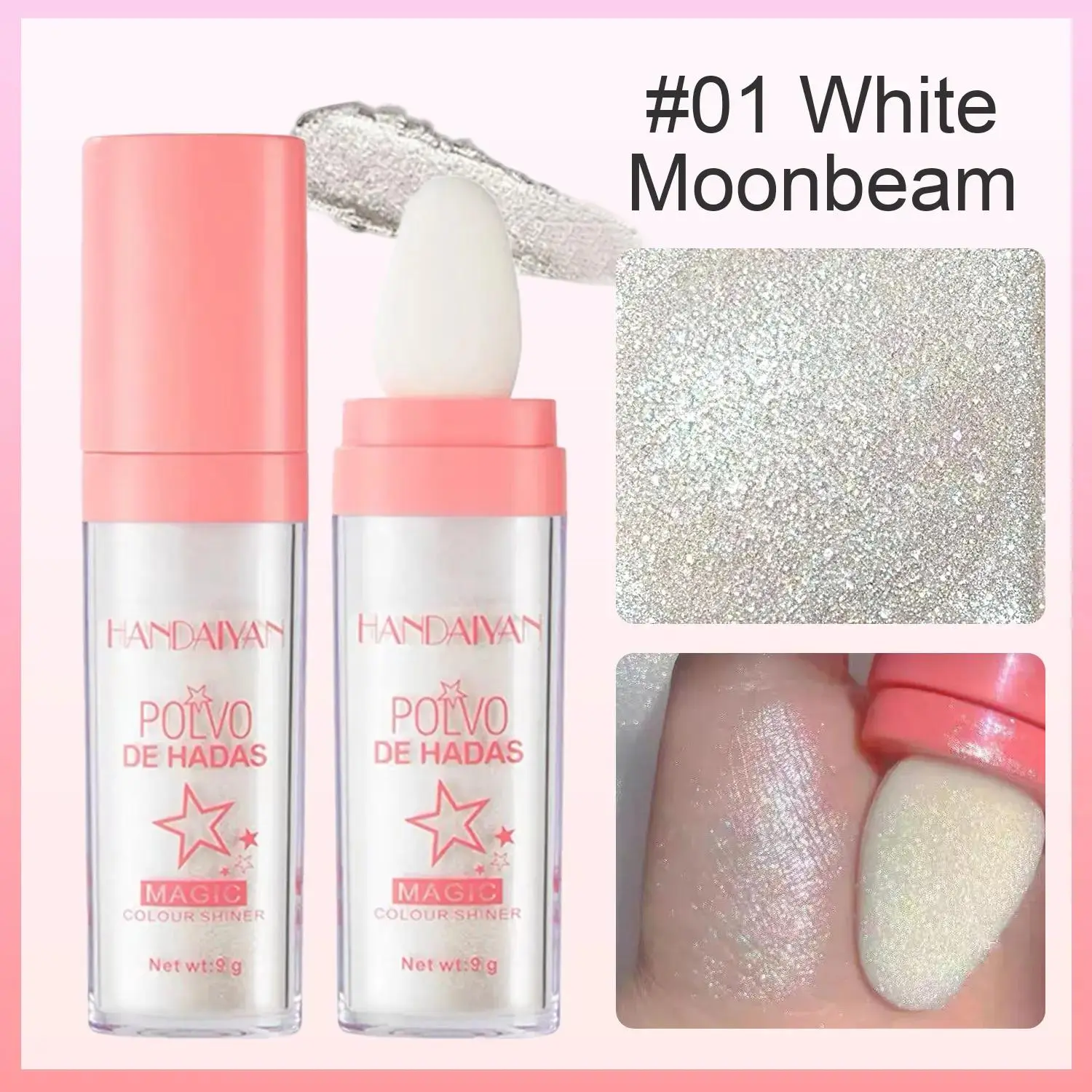 Pearlescent Highlighter Powder Stick Cosmetic, 9g #01 White Moonbeam, Shimmering Glitter Dust for Face and Body, Lightweight Non-Greasy Easily Apply Patting Makeup
