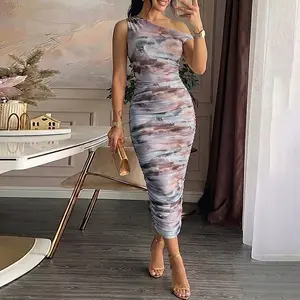 ChicMe Women's Vintage Ink Tie Dye Mesh Bodycon Midi Dress Elegant Ruched One Shoulder Cold Shoulder Sheer Overlay Dress Aesthetic Grunge Party Clubwear