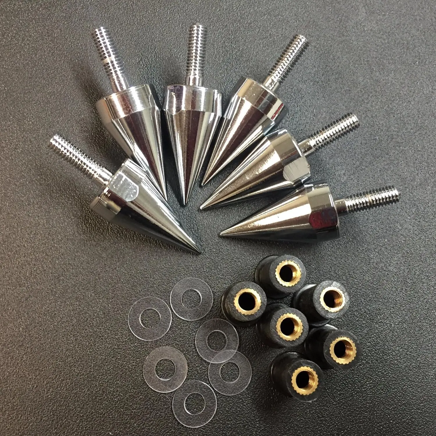 MT218-002A Universal Chrome Aggressive Spike Aluminum Motorcycle Bolt-On Mounting Kit - 6-Piece 35mm Set with M5 Windscreen Bolts, Rubber Well Nuts, Washers, Anodized Black Finish, Fixes Fairings/License Plates Firmly (Included Components As Listed)