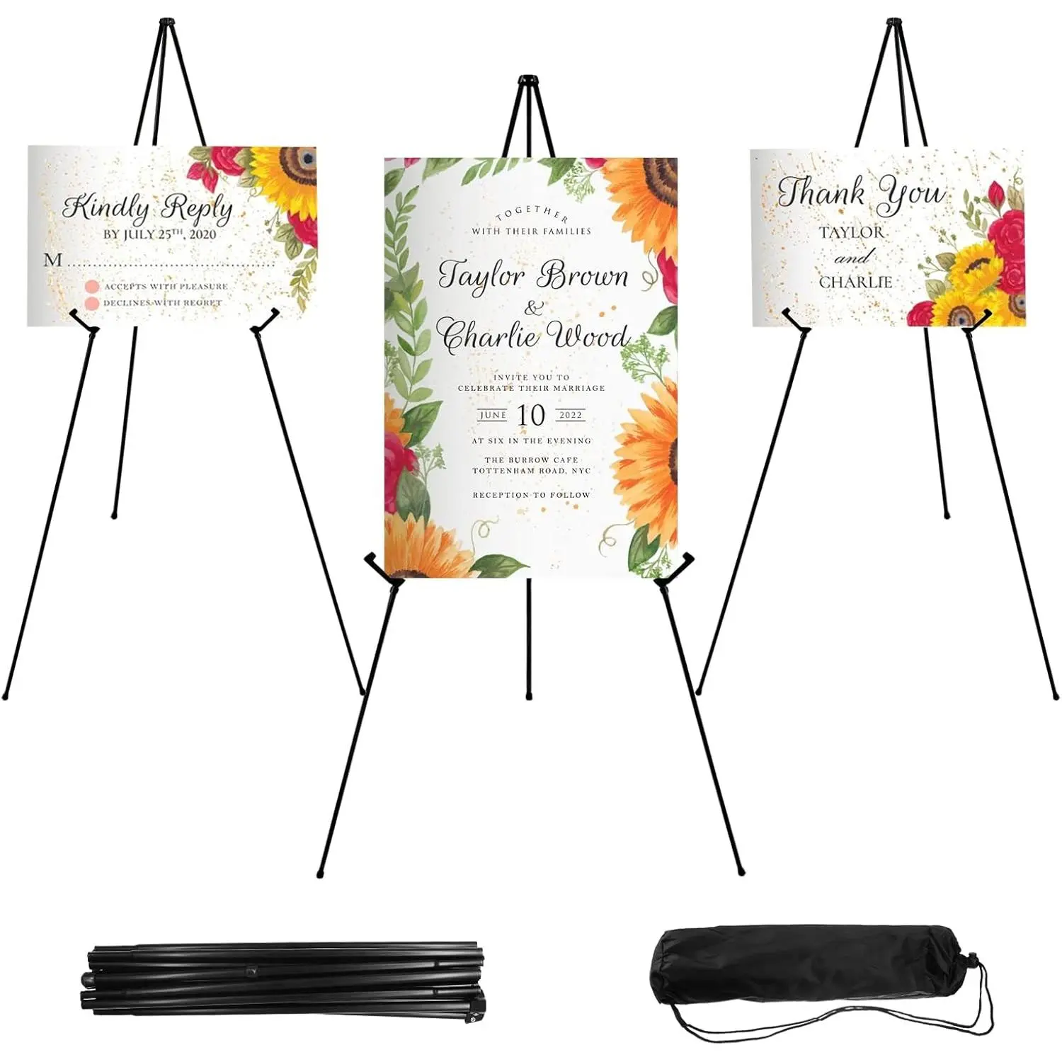 Lightweight Adjustable Art Easel Stand for Display, Painting, Wedding Sign, Poster, Black Metal Easel with Portable Bag
