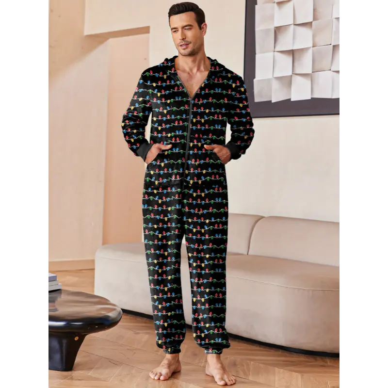 Mens Onesie Pajamas One Piece Christmas Pajama Set Zipper Up Onesie Pajama Sleepwear S-XXL