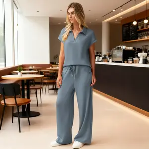 Loose V-Neck Short-Sleeve Two-Piece Set - Drawstring Top & Elastic Waist Flare Pants