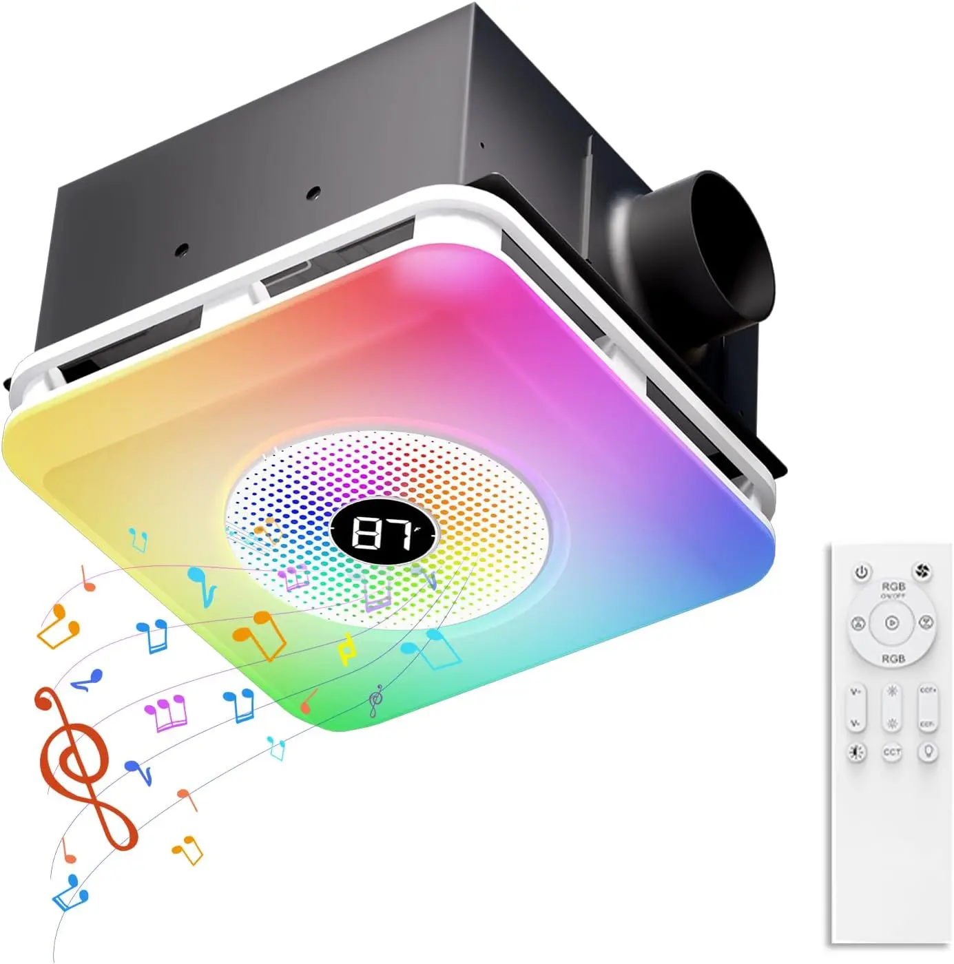 Bathroom Exhaust Fan with Bluetooth Speaker & LED Light, 230 CFM 1.5 Sone, 7-Color RGB & 3CCT Adjustable Light, Music Sync, Digital Display, Remote Control, Easy Install (White)