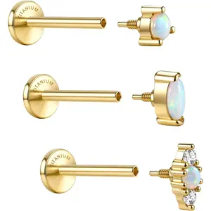 CASSIECA 3Pcs G23 Implant Grade Titanium Flat Back Earrings Studs 4K Plated Gold Hypoallergenic 18G Internally Threaded Tragus Cartilage Helix Piercing Jewelry Opal Earring for Sensitive Ears Women Men