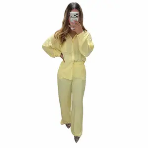 Spring Slim 2026 2 Piece Set Crickled Rhinestone Button Up Shirt Set for Women Long Sleeve Pants