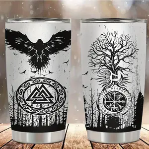 Viking Style Tumbler with Raven & Celtic Knot 20oz - Insulated Stainless Steel Travel Mug, Norse Artwork, Metal Finish, Gift for Men, Father's Day, Birthday