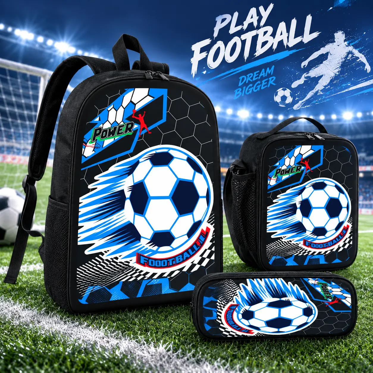 Soccer Backpack Set for Boys Kids 3 Piece School Bag Set with Insulated Lunch Bag Pencil Case Cool Football Power Sports Travel Bookbag Lightweight Rucksack Back to School Gifts for Soccer Fans