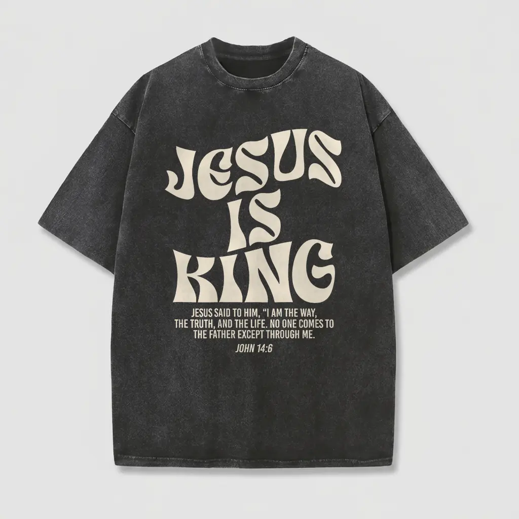 Men's Christian Faith Cotton Graphic T-Shirt - Classic Short-Sleeve Streetwear Top, Jesus Is King Bible Verse, Inspirational Religious Church Outfit Fabric