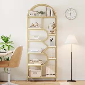 Modern 6-Tier Tall Arched Bookshelf, Bookcase 81.7 in Tall Display Racks, Geometric Open Storage Shelf, Book Rack Metal Frame Large Modern Bookshelf for, Living Room, Home, Office, Gold+White