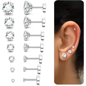 Fansilver 7Pairs Flat Back Earrings Set for Women Men Hypoallergenic Stainless Steel Studs with Cubic Zirconia Stones 2-8mm Sizes for Sensitive Ears