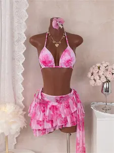 Romantic printed three-piece set for women, suitable for occasions such as seaside gatherings and pool parties, Bikini Outfits
