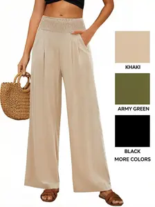 Womens Wide Leg Pants Palazzo Casual Flowy Elastic Waist Pant Dressy Long Lounge with Pockets Adjustable