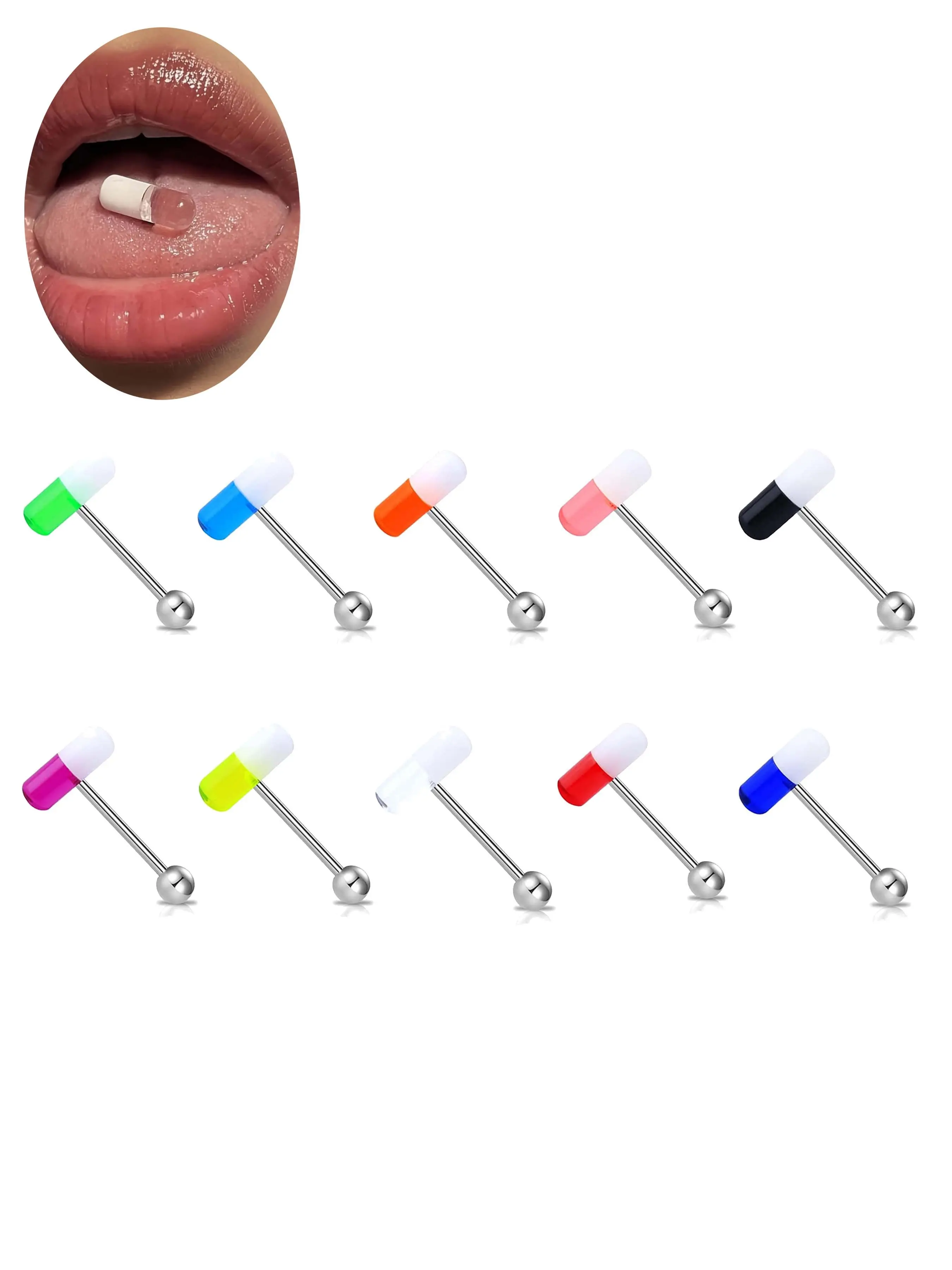 1-10pcs Funny Pill Design Tongue Barbell Piercing Jewelry, Trendy Fashion Statement Pieces, Body Piercing Jewelry