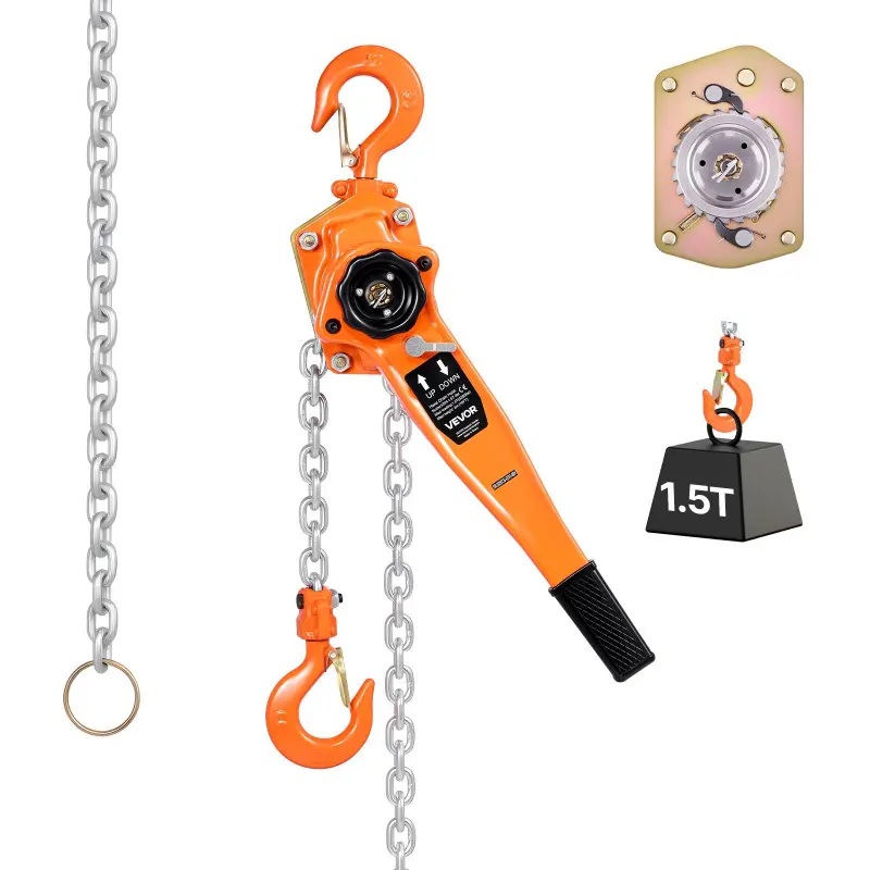 VEVOR Manual Lever Chain Hoist, 1.5t Capacity 3300LBS Heavy Duty Come Along, 20FT Lift G80 Alloy Steel Chain, Dual Pawl Mechanical Brake System, 360° Rotating Hooks for Warehouse Construction